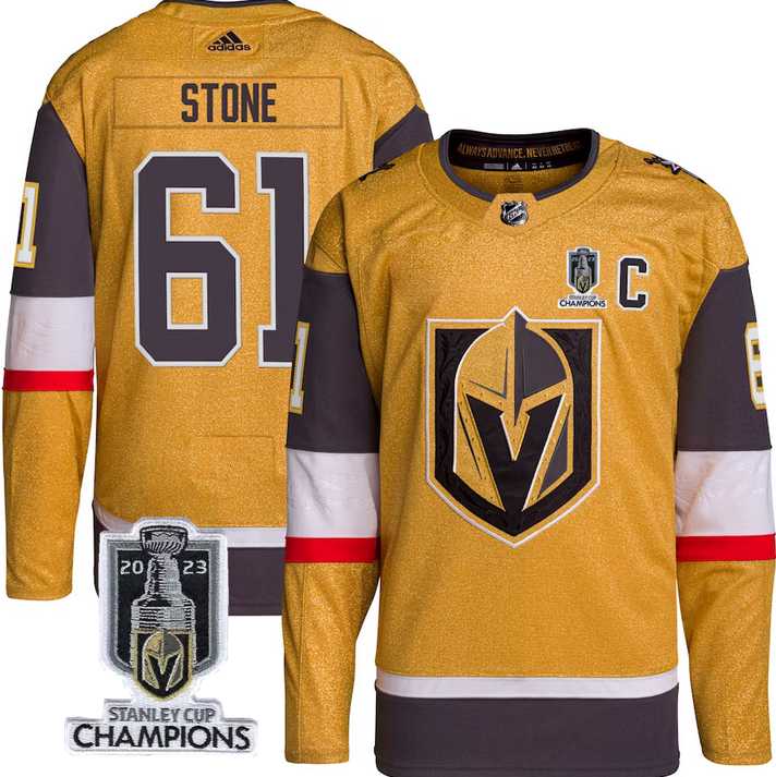 Men%27s Vegas Golden Knights #61 Mark Stone Gold 2023 Stanley Cup Champions Stitched Jersey